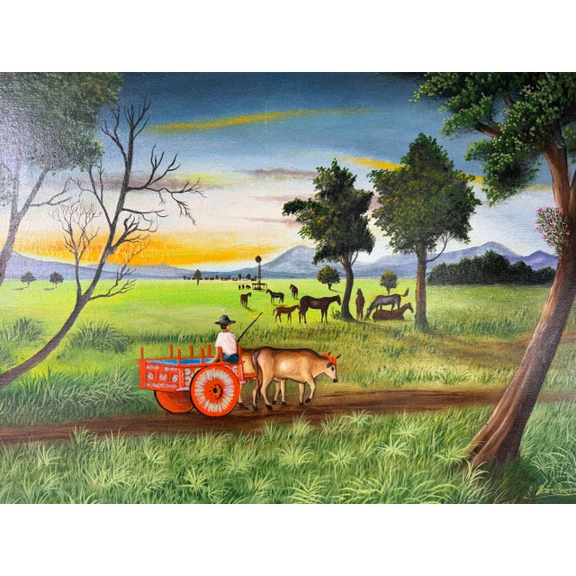 Vintage Victor Chavarría M. Folk Art Spanish Landscape Oil on Canvas Painting, Framed For Sale - Image 11 of 12