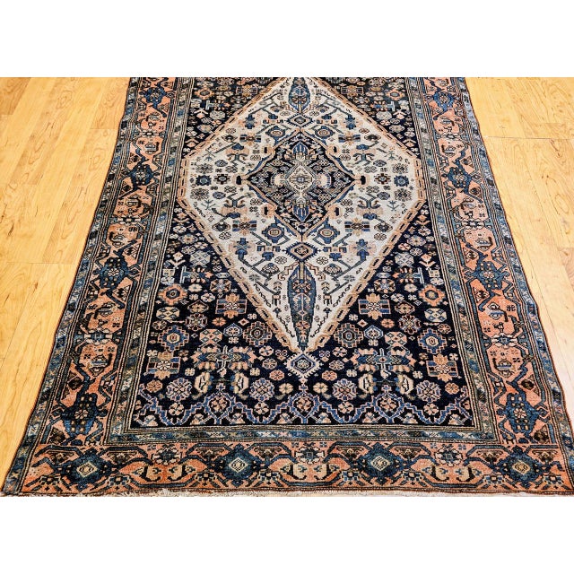 Antique Persian Malayer Area Rug, Hand-Knotted Wool, Geometric Medallion Pattern, Ivory & Navy,5x7 For Sale - Image 12 of 17