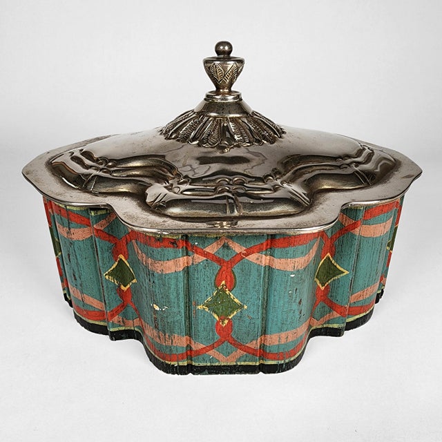 On offer is a very aesthetically beautiful antique Moroccan folk art polychrome tea caddy or storage casket with a hand...