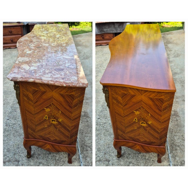 Late 20th Century Marble Top French Louis XV Style Bronze Mounted Marquetry Sideboard Buffet For Sale - Image 10 of 18