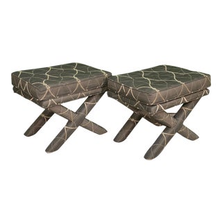 Midcentury Billy Baldwin Style X-Form Upholstered Benches, a Pair For Sale