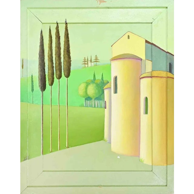 Oil on canvas realized in 1990s. Hand signed on rear, unreadable. Titled on rear. with a painted wooden frame which is...