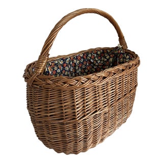 Wicker Market Basket Lined With Fabric For Sale