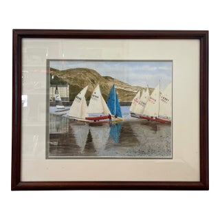 Vintage Framed Coastal Harbor Sailboat Watercolor Painting With Regatta Scene For Sale