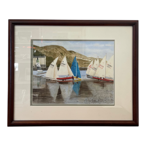 Vintage Framed Coastal Harbor Sailboat Watercolor Painting With Regatta Scene
