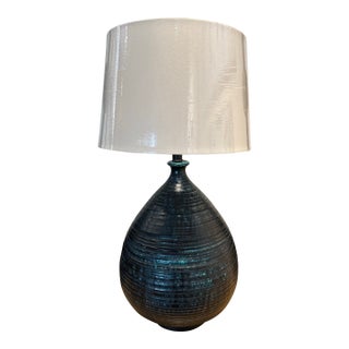 Ceramic Wide Bottom Blue Lamp. Drip Glaze Hand Thrown Body. Deep Blues.1966 For Sale