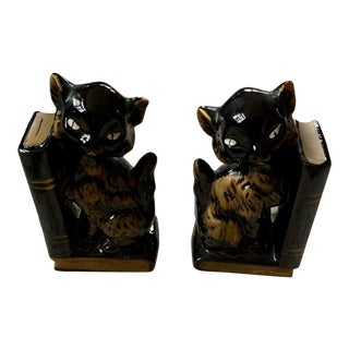 Vintage Mid-Century Black & Gold Cat Bookends - a Pair For Sale