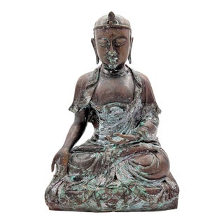 Mid Century Gilded Bronze Heavy Patina Buddha Statue 15" Tall For Sale