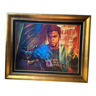 Contemporary Mixed Media Painting on Canvas Muhammad Ali Usa Gold by Patrick Guyton For Sale