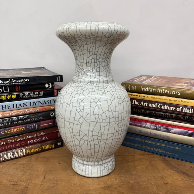Rustic White Crackle Glaze Vase with Elegant Form & Fluted Opening For Sale - Image 3 of 10