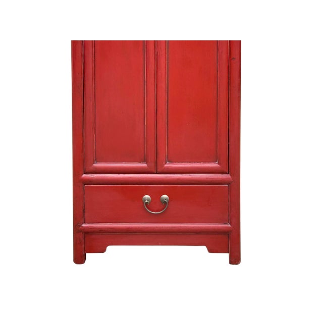 1990s Oriental Classic Slim Red Lacquer Narrow Tall Storage Cabinet For Sale - Image 5 of 10