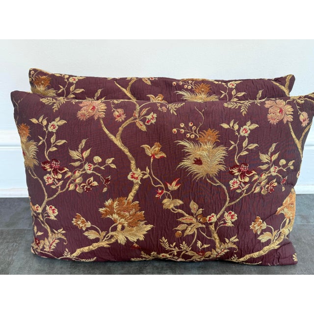 Pretty pair of metallic brocade pillows, in rich eggplant, taupe, burgundy, and burnt orange. Please see condition details...