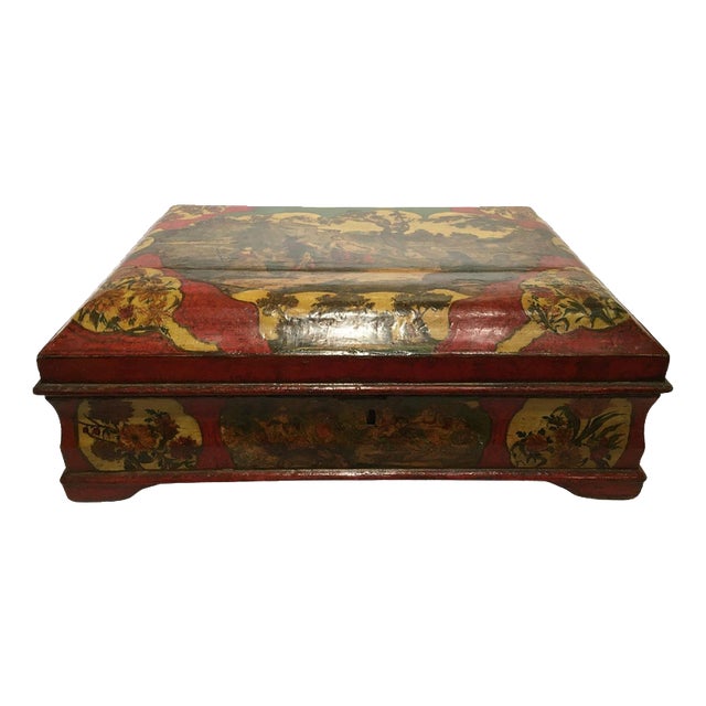 Venetian Lacquered Red and Yellow Wooden Box, 1750 For Sale