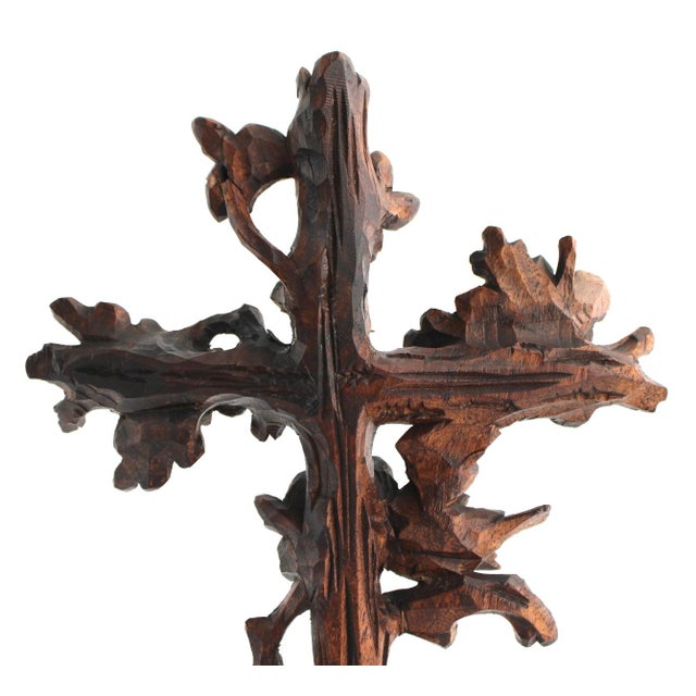 Wood Antique 19th Century Black Forest Hand-Carved Wooden Cross With Birds and Acorns For Sale - Image 7 of 14