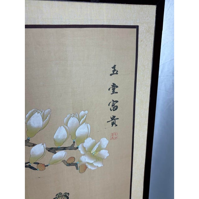 Hand‑Painted Magnolia & Long‑Tailed Birds Panel — 48" Asian Decorative Art With Calligraphy For Sale - Image 11 of 13