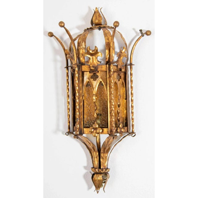 Spanish Revival Spanish Revival Gothic Hand Forged Metal Gilt Wall Sconces a Pair Circa 1950s For Sale - Image 3 of 12