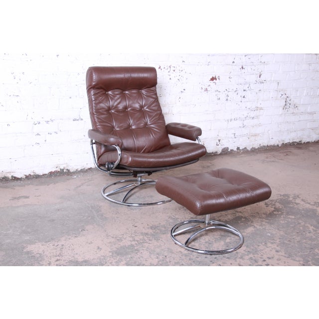 Vintage Ekornes Stressless Chrome and Leather Lounge Chair and Ottoman