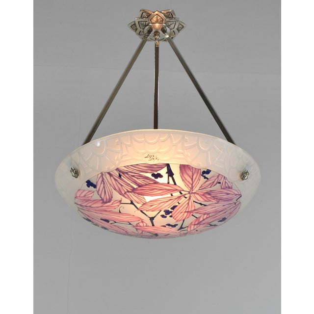 Loys Lucha A French 1930s art deco pendant light in nickel plated solid brass or bronze holding a bowl by Loys Lucha....