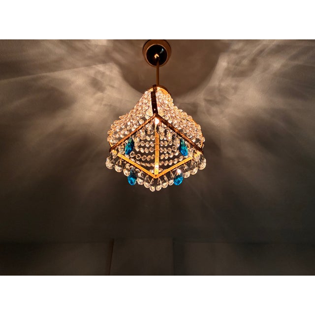 Vintage French Empire Brass & Crystal Pendant Light With Aqua Blue Drops - Restored For Sale - Image 13 of 17