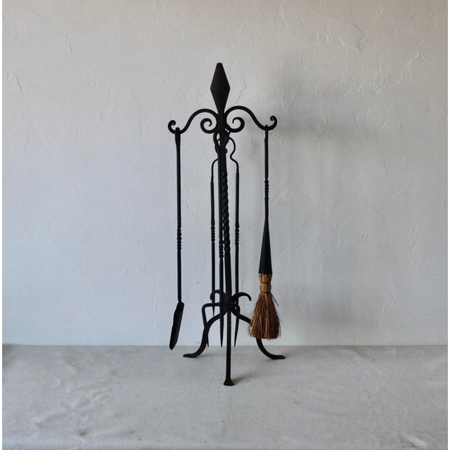 Zeckos Style Wrought Iron Five Piece Fireplace Tool Set Barley Twist Detail Vintage Mid-Century For Sale - Image 12 of 15