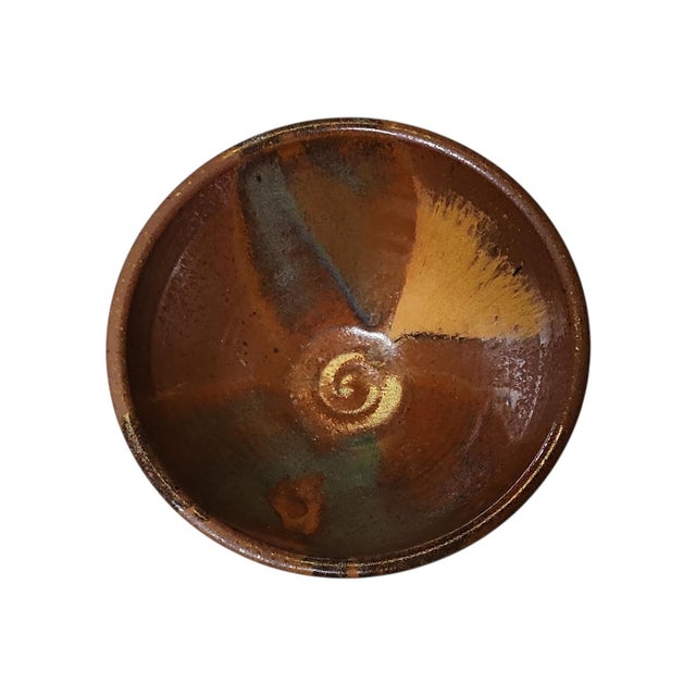 Beautiful vintage studio pottery raku style large decorative bowl in excellent condition. Deep earthtone colors to glaze,...