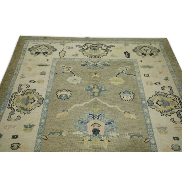 Early 21st Century Green Floral Design Handwoven Wool Turkish Oushak Rug 6'5" X 8'6" For Sale - Image 4 of 6