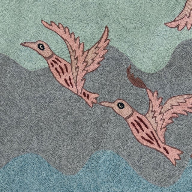 1960s Vintage Folk Art Crewel Embroidery Wall Hanging Landscape With Birds For Sale - Image 5 of 7