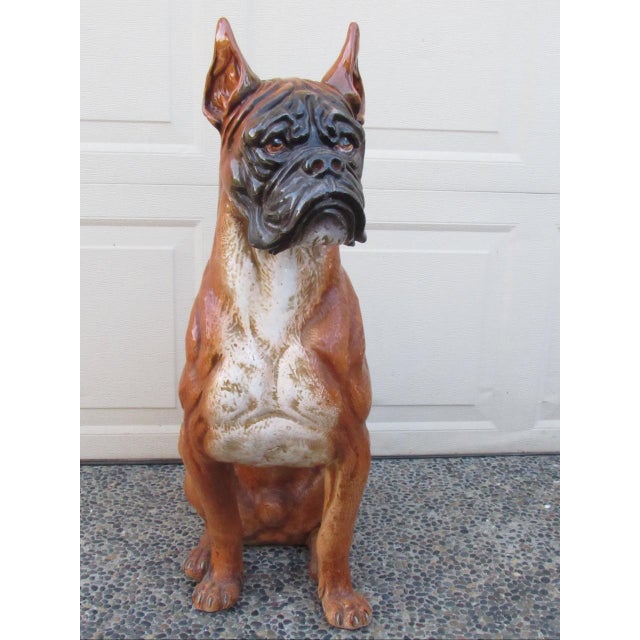Vintage Italian life size terracotta boxer dog figurine, c.1970’s A large figurine with a brown glazed surface with life...