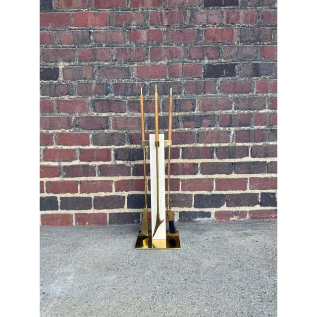 Alessandro Albrizzi Mid-Century Three Piece Fire Tool Set in Brass and Travertine by Alessandro Albrizzi For Sale - Image 4 of 6