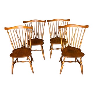 1970s Ethan Allen Nutmeg Maple Windsor Fiddleback Chairs. For Sale