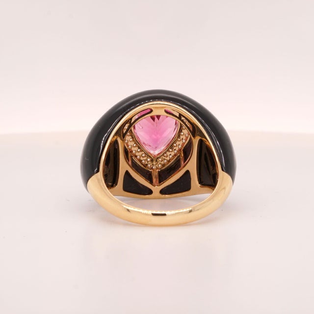 Metal 2.72ct Pear Tourmaline, Diamond and Onyx in 14ct Yellow Gold - Fei Liu, Size 7.5 For Sale - Image 7 of 11