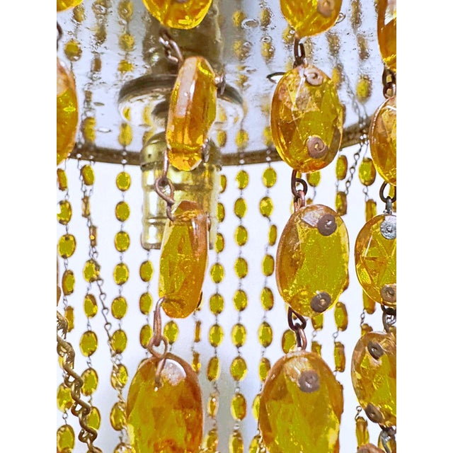 1960s Vintage Amber Glass Beaded Basket Chandelier With Ornate Brass Frame For Sale - Image 5 of 9
