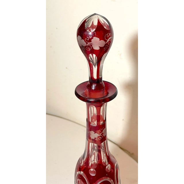 Red Antique Cut to Clear Crystal Moser Czech Bohemian Etched Red Glass Decanter - Set of 3 For Sale - Image 8 of 12