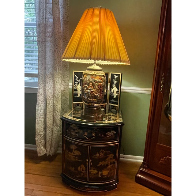 VIntage Petite 19" Hand-Painted Gilt Chinoiserie "Shan Shui" Demilune Cabinet For Sale - Image 10 of 13