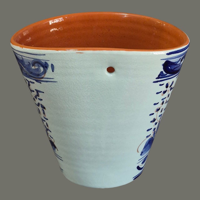 Late 20th Century Hand Painted Glazed Terra-Cotta Wall Planter Blue Bird Motif Made in Portugal For Sale - Image 6 of 10