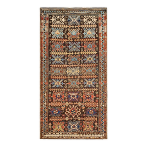 1900s Brown Geometric Antique Traditional Caucasian Karabagh Rug 3'4" X 6'3" Handknotted Wool Carpet