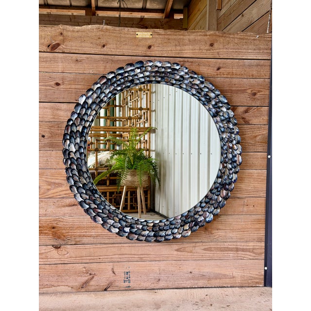 Handmade Coastal Mussel & Cowrie Shell Layered Round Mirror For Sale - Image 11 of 12