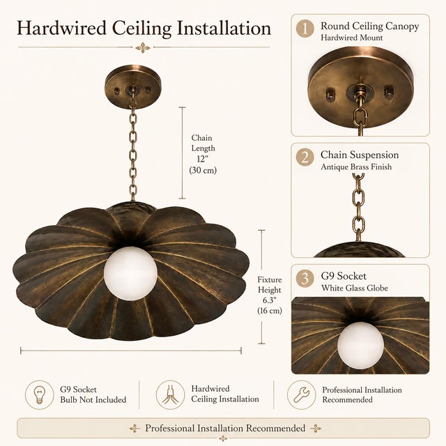 Scalloped Brass Semi Flush Ceiling Light, Vintage Flower Pendant Fixture With Milk Glass Globe For Sale - Image 9 of 12