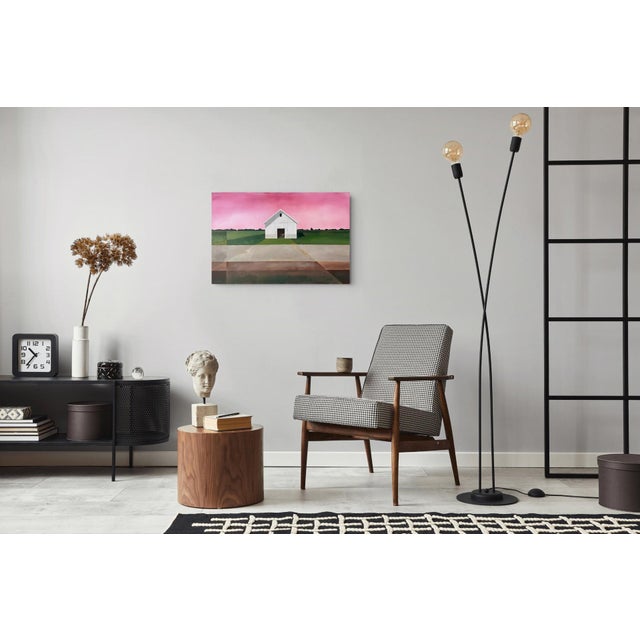 Alizarine Sky by Justin Wheatley | Acrylic on Canvas Barn Landscape With Pink Sky For Sale - Image 9 of 11