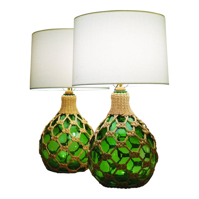 1970s Matched Pair XL Bottle Green Glass Globe Rope Macrame Net Fish Float Coastal Tiki Table Lamps Nos "New-Old-Stock" Unused For Sale