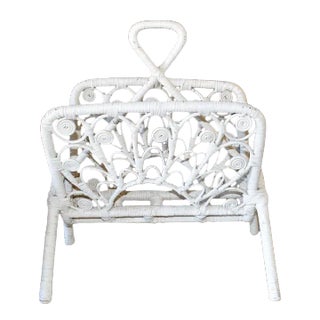 Bohemian White Rattan Magazine Rack - 1970s For Sale