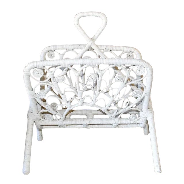 Bohemian White Rattan Magazine Rack - 1970s For Sale