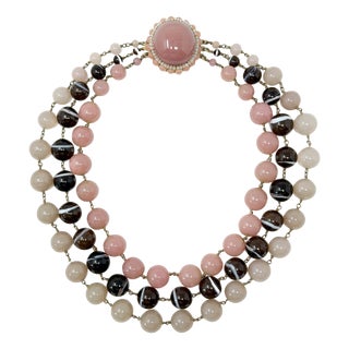 Vintage French Pink and Brown Glass Bead Statement Necklace, 1950s For Sale