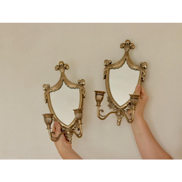 Vintage Italian Brass Sconces with Mirror, Set of 2 For Sale - Image 5 of 13