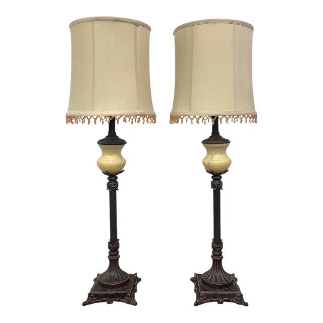 1970s Pair of Vintage Neoclassical Table Lamps With Ornate Metal Bases and Fabric Shades For Sale