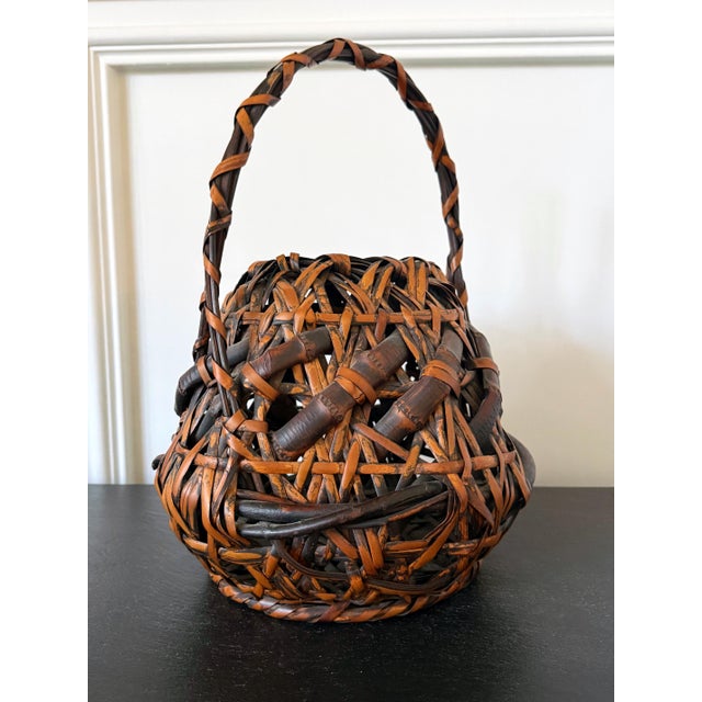 Wood Antique Japanese Smoked Bamboo Basket Ikebana Mingei For Sale - Image 7 of 18