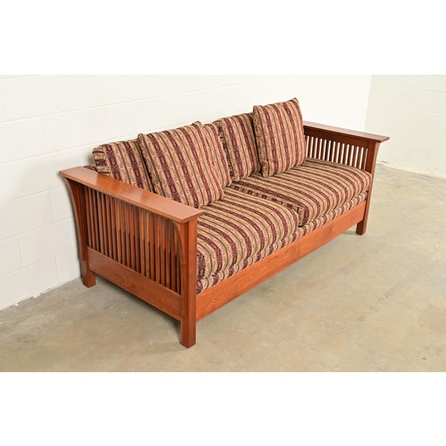 L. & J.G. Stickley, Inc. Stickley Mission Arts and Crafts Cherry Wood Spindle Settle Sofa For Sale - Image 4 of 15