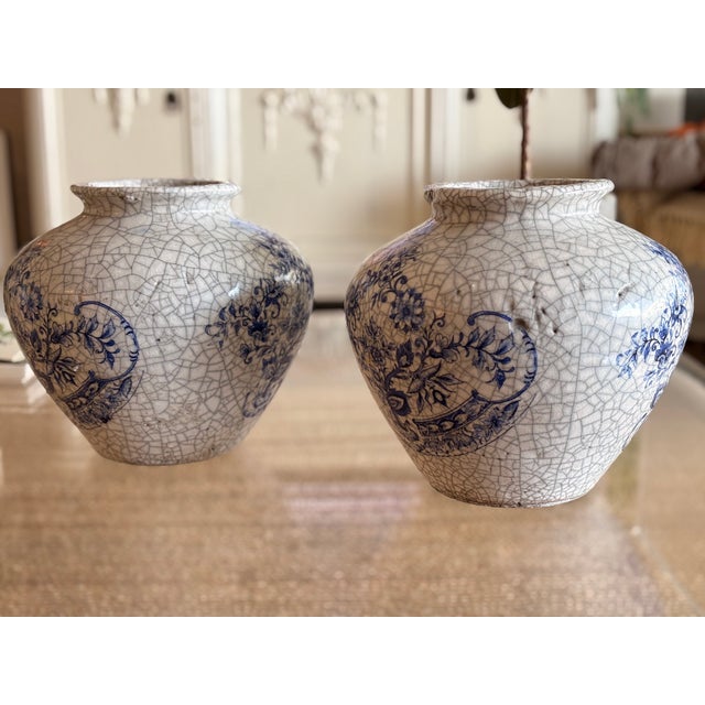 Vintage Large French Clay Crackle Glaze Set of 2 Pots Urn Vase For Sale In Seattle - Image 6 of 16