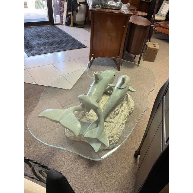Nautical Vintage Sculptural Glass Top Coffee Table, Three Dolphins, Marine Life, Exposed Top Fins, Textured Edge Glass For Sale - Image 3 of 11