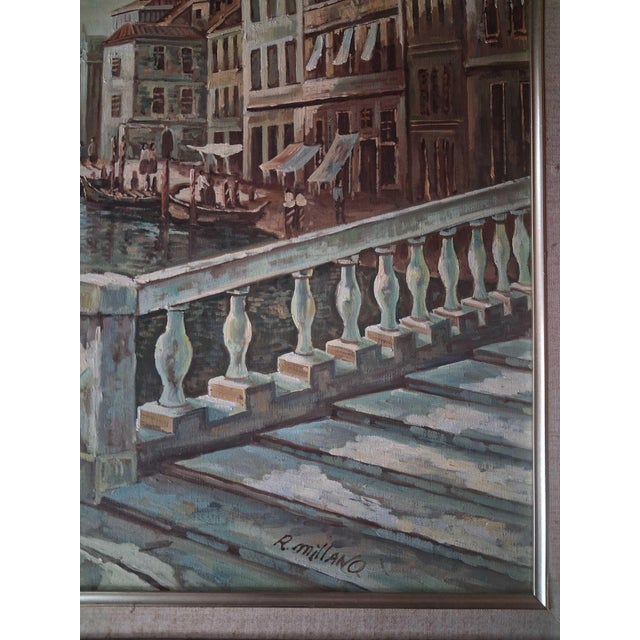 Mid 20th Century Mid-20th Century Venetian Canal Landscape Oil Painting Signed R. Millano For Sale - Image 5 of 8